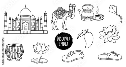 India Travel Icons Set Line Art Vector