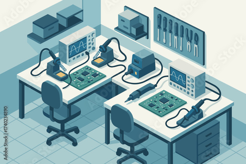 Boards soldering stations circuit tool oscilloscopes vector lab illustration laboratory electronics modern