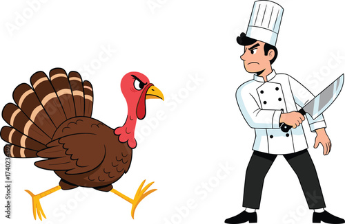 Funny Thanksgiving cartoon, angry chef chasing turkey, holiday humor, kitchen scene, poultry escape, festive illustration, comic food fight, culinary drama