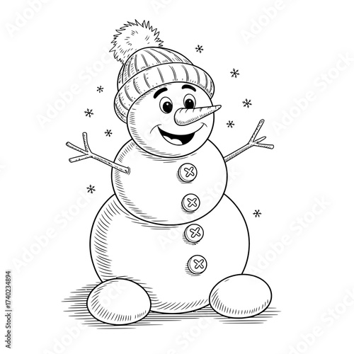 Cheerful winter snowman cartoon with hat and snowflakes creates happy holiday vibes, perfect for seasonal greetings and festive designs, originally vector art