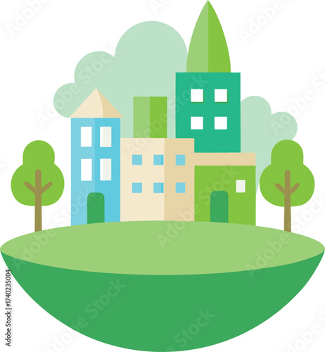 3d cartoon eco city vector buildings with trees illustration on transparent background