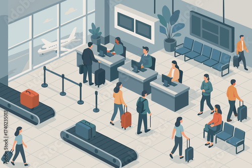 Conveyor scene airport hall isometric belts counters waiting interior illustration passengers departure