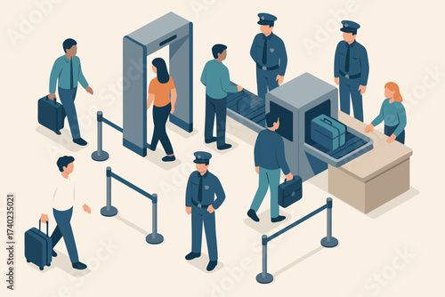 Scanners passengers checkpoint through guards illustration isometric airport security vector walking