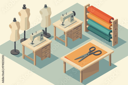 Vector scissors fabric tables mannequins scene workshop rolls illustration shop sewing tailoring