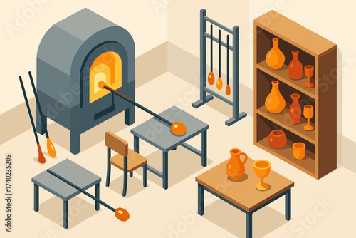 Pieces studio glass illustration glassblowing displayed finished molten rods vector isometric