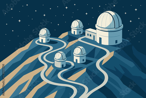 Top illustration clear roads starry mountain winding observatory multiple background vector domes