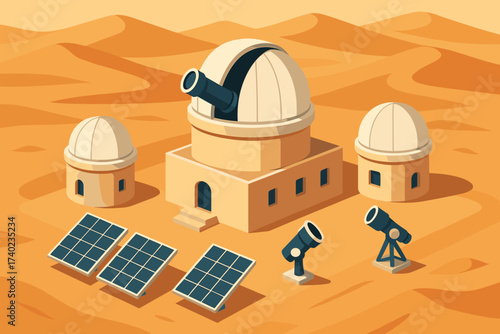 Observatory dunes vista surrounded telescopes illustration domes panels solar desert vector