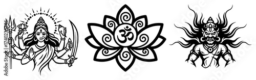 Durga Om Lotus and Demon Mask Vector Icons Set