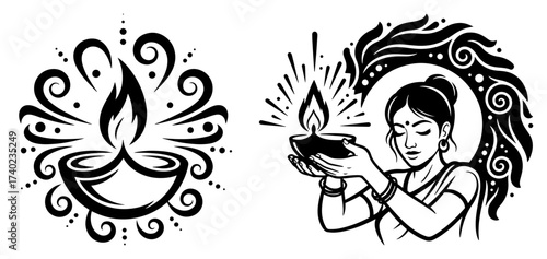 Diwali Diya and Woman Offering Aarti Line Art