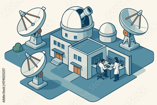 Space vector domes illustration modern scientists large computers monitoring satellite observatory