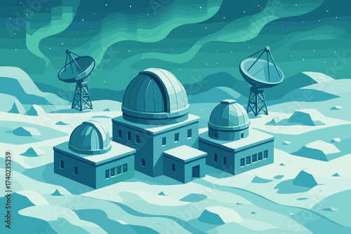 Landscape aurora vector polar illustration antennas domes observatory sky icy