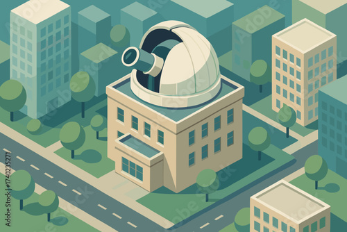 Telescope landscape vector into modern integrated illustration dome observatory city visible rooftop