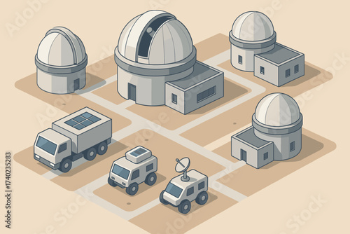 Vehicles illustration vector complex connected observatory pathways multiple parked research domes modern