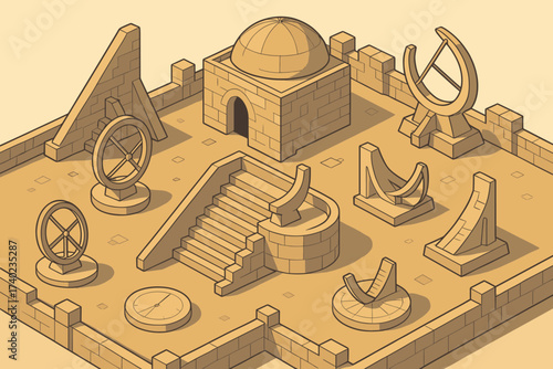 Perspective stone sundials isometric structures ancient observatory illustration vector instruments
