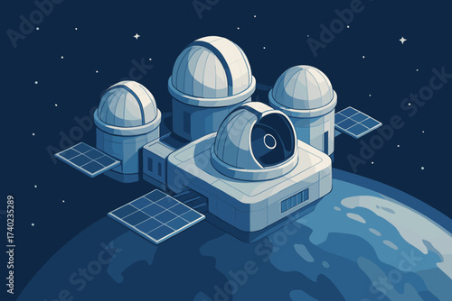 Telescopic illustration orbiting observatory space above panels earth vector futuristic domes