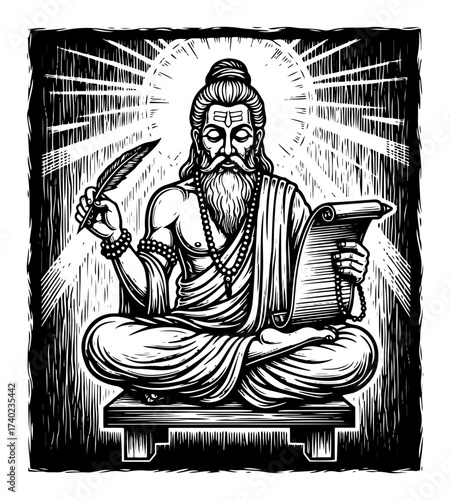 Ancient Rishi Scribe with Palm Leaf Manuscript Woodcut