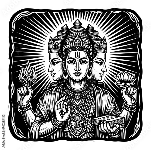 Dattatreya Hindu Deity Woodcut Illustration
