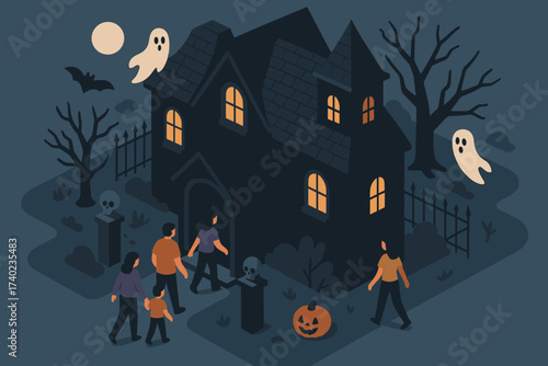 Haunted illustration visitors details house spooky vector attraction adventure facade dark