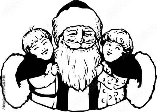 Delightful vintage Santa Claus art with happy children embracing him, perfect for holiday cards and festive designs, conveying warmth and joy for Christmas season
