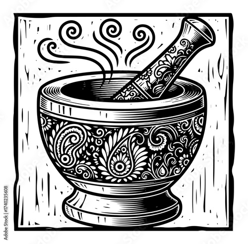 Ayurvedic Mortar and Pestle Ornamental Woodcut Illustration