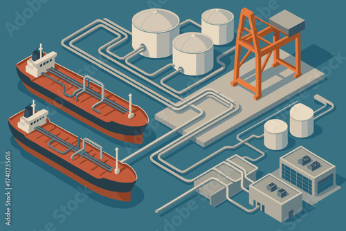 Vector illustration machinery pipelines industrial tankers harbor heavy docked tanks near oil
