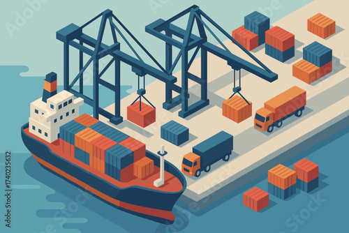 Vector trucks lifting ship operations containers cargo waiting harbor cranes from illustration