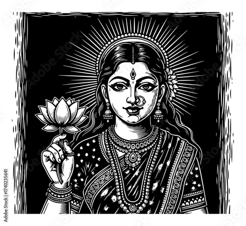 Goddess Lakshmi with Lotus Woodcut Portrait