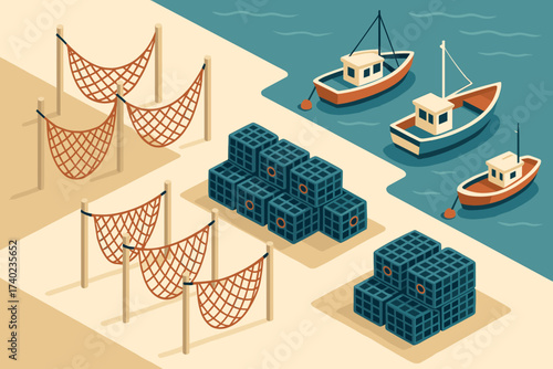 Stacked illustration cages lobster vector poles harbor scene nearby nets anchored drying