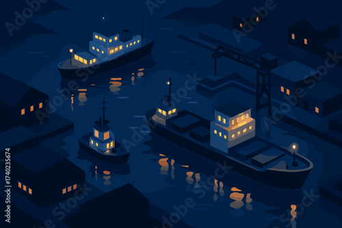 Glow harbor scene nighttime glowing vector ships lights warehouses illustration water