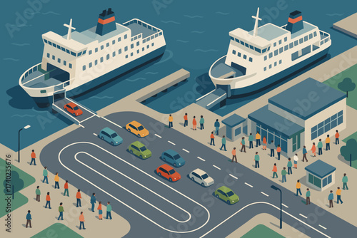 Ferry terminal isometric busy harbor illustration scene docking cars people waiting boarding