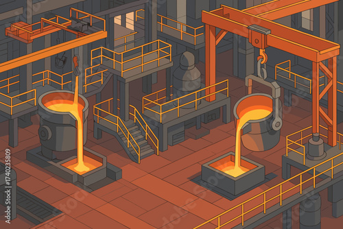 Vector steel platforms molten factory illustration scene from cranes metal plant furnaces