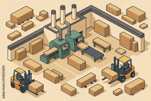 Factory machines illustration moving forklifts isometric saw stacks vector facility lumber woodworking