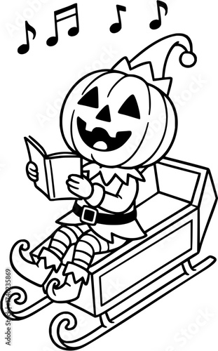 Joyful jack-o-lantern elf sings carols from a festive sleigh, spreading holiday cheer with musical notes floating above