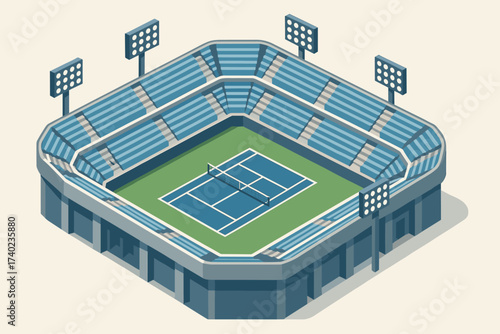 Illustration smaller seating court floodlights inside clean isometric stadium tennis vector rows