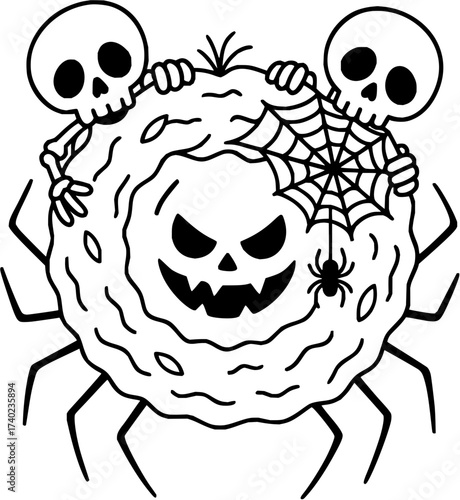 Spooky Halloween spider monster with skeletons and spiderweb creating a fun, festive, and frightful scene for your holiday designs.