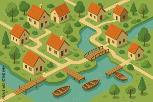 Bridges village small docks tied wooden panorama vector riverside illustration to boats