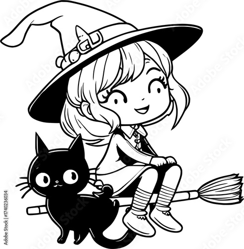 Charming little witch happily flies on broomstick with her cute black cat companion, perfect for Halloween magic and whimsical adventures