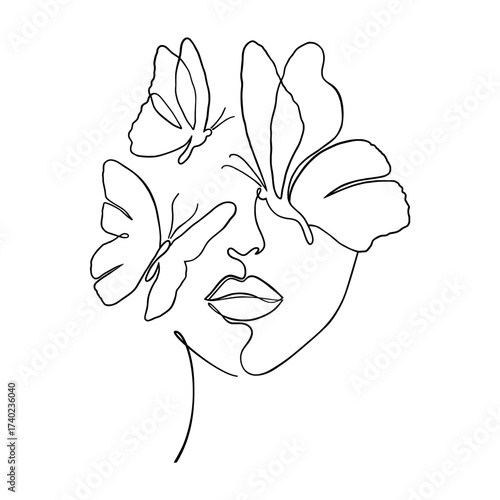 Elegant single line art captures a woman's face adorned with delicate butterflies symbolizing transformation and beauty