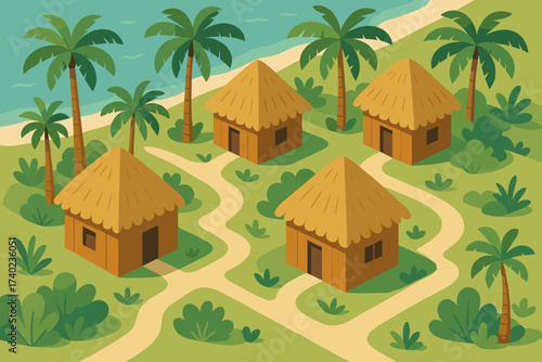 Huts tropical village palm scene trees illustration sandy shore vector thatched roofs