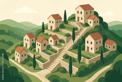 Village houses terraced stairways illustration gardens panoramic isometric stone hilltop vector serenity