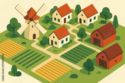 Fields vector idyllic windmill small village scene cottages barns edge nearby crops
