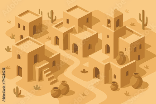 Houses adobe vector illustration settlement winding paths narrow clay desert pots village