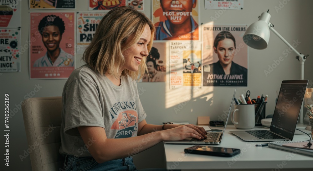 Obraz premium Woman working on laptop in home office