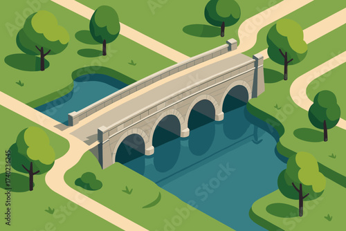 Calm trees pathways illustration sides arch bridge both stone spanning vector