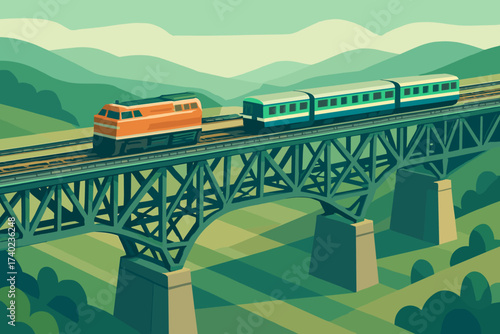 Illustration trains moving vector beams steel railway valley over bridge
