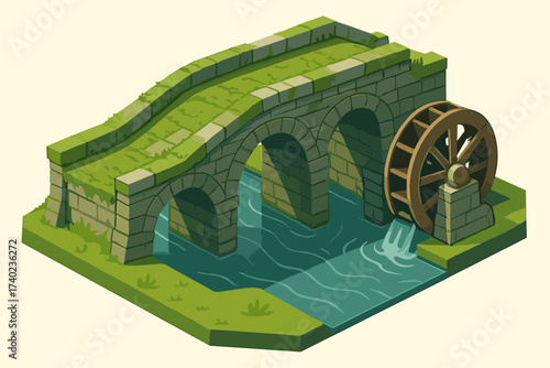Moss watermill bridge stone nearby isometric arches illustration vector ancient footbridge