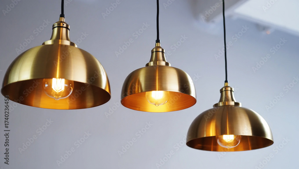 Obraz premium Three brass dome pendant lights with exposed bulbs fixture