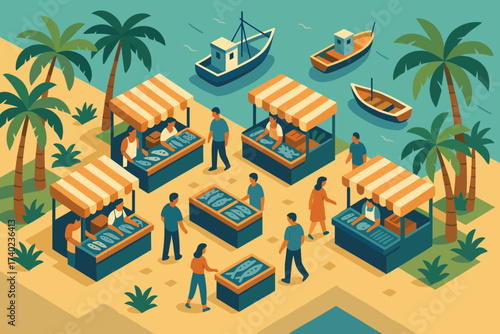 Stalls nearby seaside around scene illustration boats market palm anchored vector fish