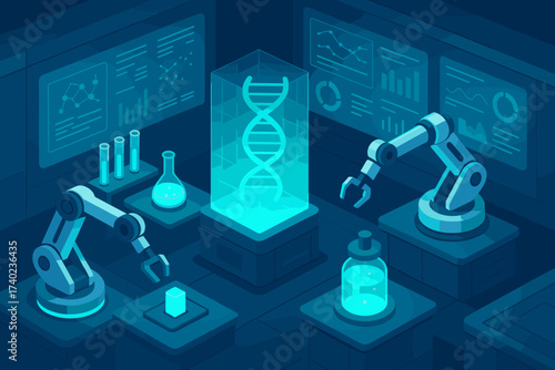 Holographic design equipment robotic lab arms displays futuristic glowing laboratory vector illustration