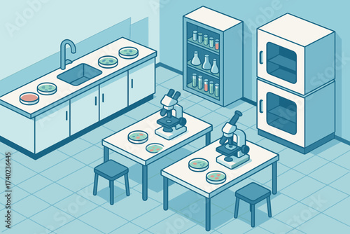Microscopes cabinets biology vector illustration petri dishes incubators samples modern lab